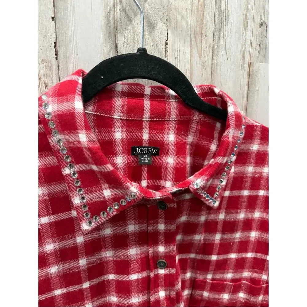 J. Crew Embellished shrunken button-up shirt Red plaid brushed cotton oxford 20